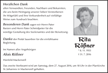 Traueranzeige von Rita Rößner 