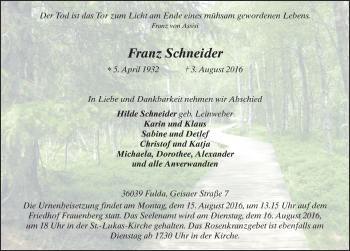 Traueranzeige von Franz Schneider 