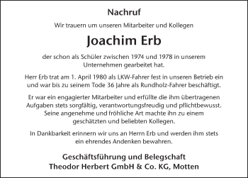 Traueranzeige von Joachim Erb 