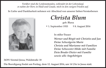 Traueranzeige von Christa Blum 