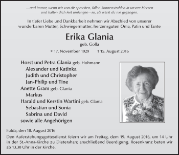 Traueranzeige von Erika Glania 