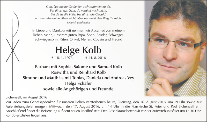  Traueranzeige für Helge Kolb vom 16.08.2016 aus 