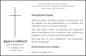 Traueranzeige von Agnes Goldbach 