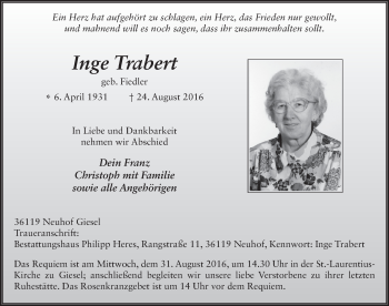 Traueranzeige von Inge Trabert 