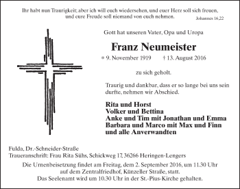 Traueranzeige von Franz Neumeister 