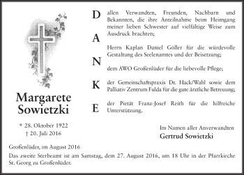 Traueranzeige von Margarete Sowietzki 