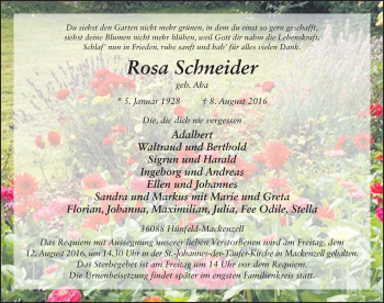 Traueranzeige von Rosa Schneider 