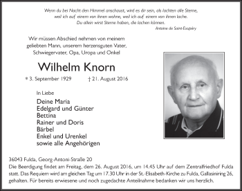 Traueranzeige von Wilhelm Knorn 