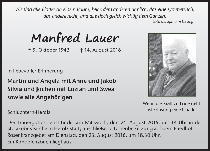  Traueranzeige für Manfred Lauer vom 19.08.2016 aus 