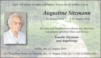 Traueranzeige von Augustine Sitzmann 