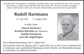 Traueranzeige von Rudolf Hartmann 