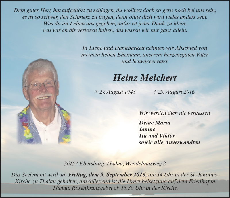  Traueranzeige für Heinz Melchert vom 31.08.2016 aus 
