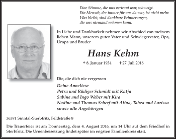 Traueranzeige von Hans Kehm 