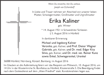 Traueranzeige von Erika Kaliner 