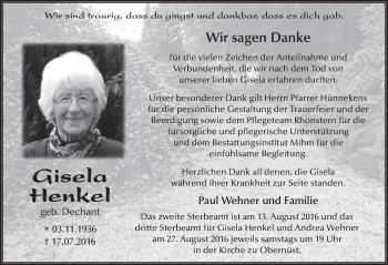 Traueranzeige von Gisela Henkel 