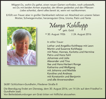 Traueranzeige von Marga Kohlhepp 