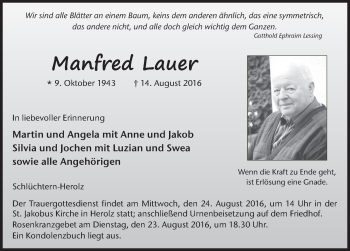 Traueranzeige von Manfred Lauer 