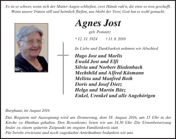 Traueranzeige von Agnes Jost 