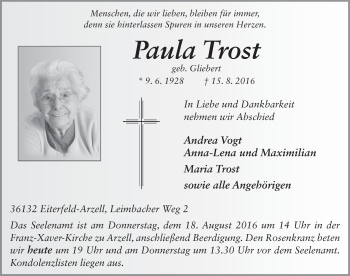 Traueranzeige von Paula Trost 