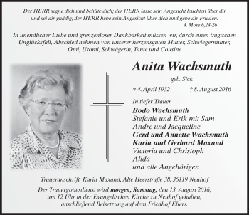 Traueranzeige von Anita Wachsmuth 