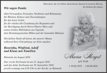 Traueranzeige von Maria Herget 