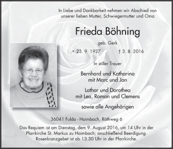 Traueranzeige von Frieda Böhning 