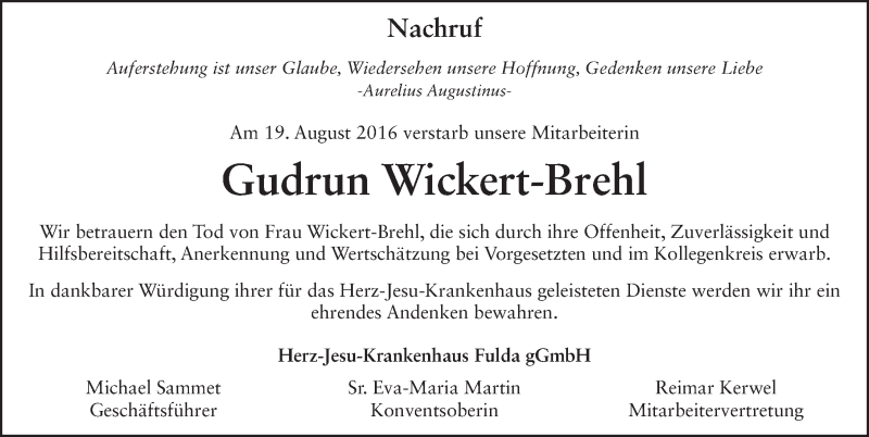  Traueranzeige für Gudrun Wickert-Brehl vom 27.08.2016 aus 
