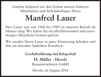 Traueranzeige von Manfred Lauer 