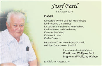 Traueranzeige von Josef Partl 