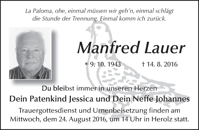  Traueranzeige für Manfred Lauer vom 19.08.2016 aus 