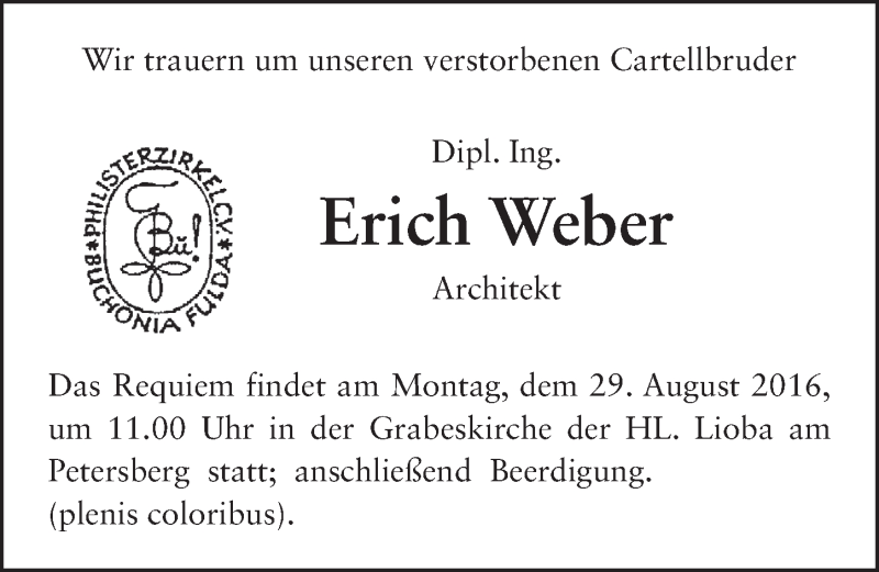  Traueranzeige für Erich Weber vom 27.08.2016 aus 