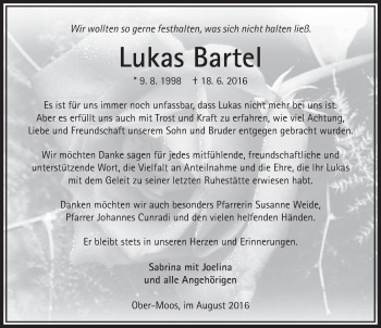Traueranzeige von Lukas Bartel 