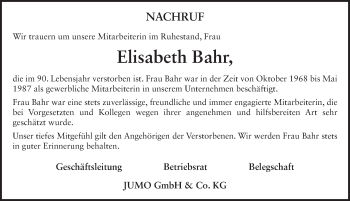 Traueranzeige von Elisabeth Bahr 