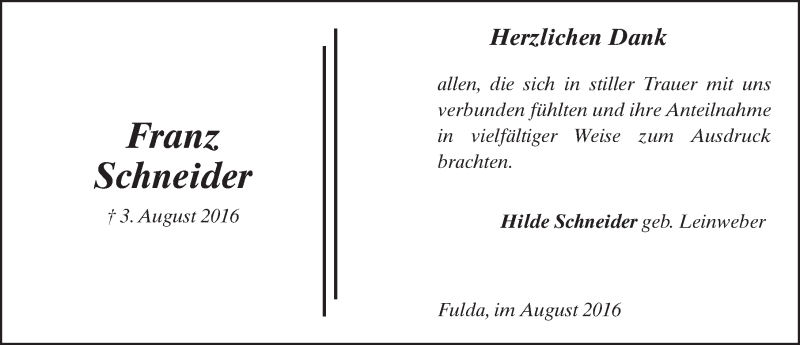  Traueranzeige für Franz Schneider vom 31.08.2016 aus 