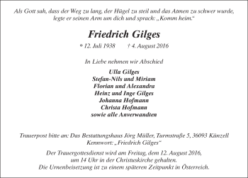 Traueranzeige von Friedrich Gilges 