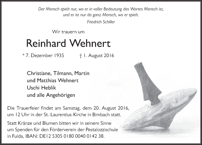  Traueranzeige für Reinhard Wehnert vom 06.08.2016 aus 