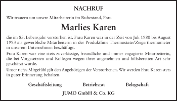 Traueranzeige von Marlies Karen 
