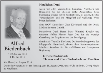 Traueranzeige von Alfred Biedenbach 