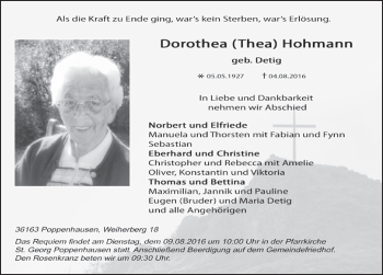 Traueranzeige von Dorothea Hohmann 