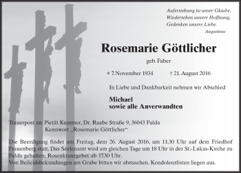 Traueranzeige von Rosemarie Göttlicher 