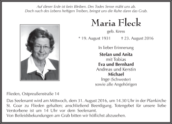 Traueranzeige von Maria Fleck 