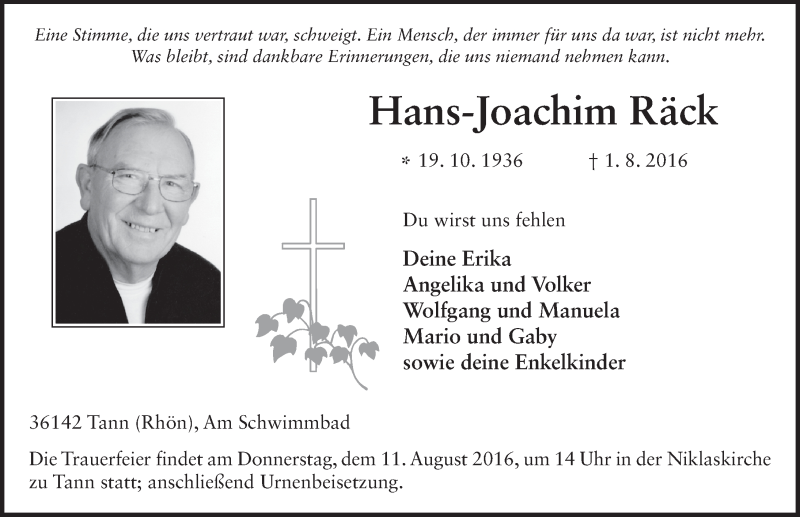  Traueranzeige für Hans-Joachim Räck vom 06.08.2016 aus 