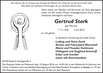 Traueranzeige von Gertrud Stark 