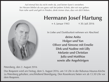 Traueranzeige von Hermann Josef Hartung 