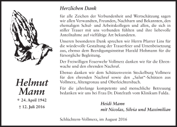 Traueranzeige von Helmut Mann 