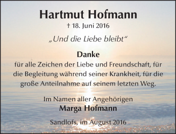 Traueranzeige von Hartmut Hofmann 
