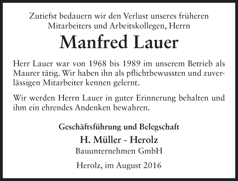  Traueranzeige für Manfred Lauer vom 22.08.2016 aus 