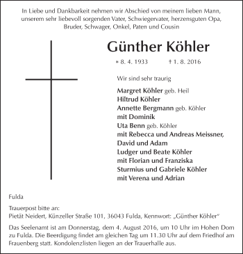 Traueranzeige von Günther Köhler 