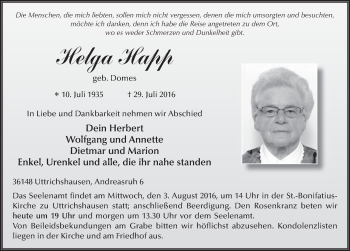 Traueranzeige von Helga Happ 