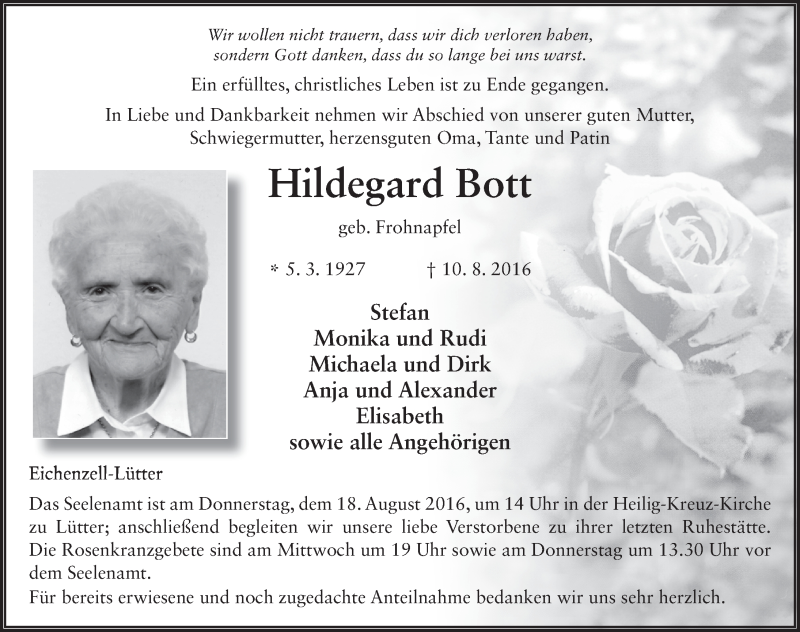  Traueranzeige für Hildegard Bott vom 16.08.2016 aus 